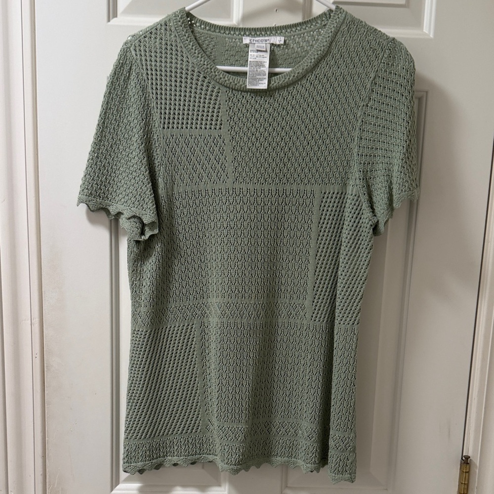 Chico's Sage Green Textured Short Sleeve Sweater